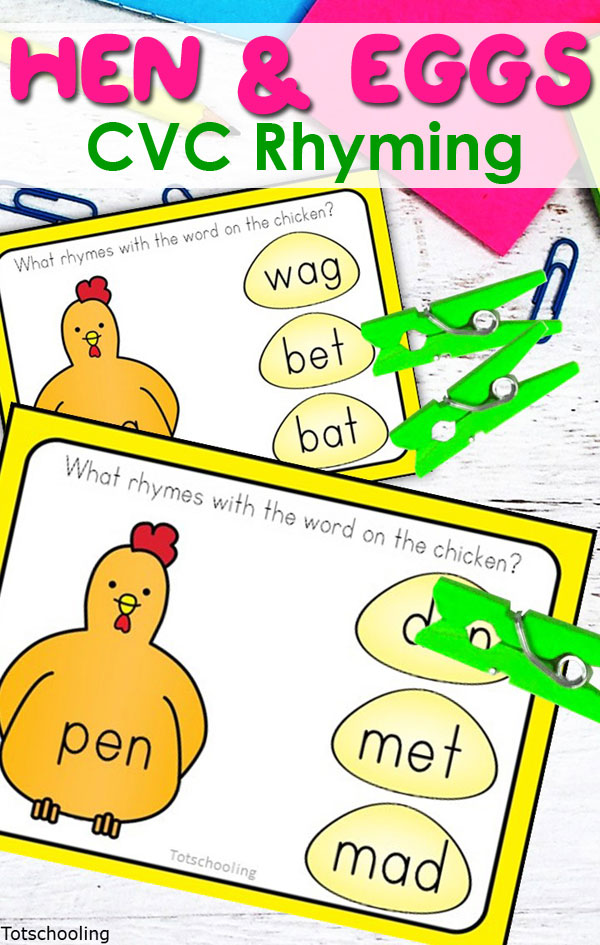 FREE printable CVC word activity for emergent readers and kindergarten kids with a chicken/egg theme! Great literacy center for Spring or Farm theme.