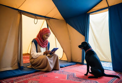 Woman in tent with dog