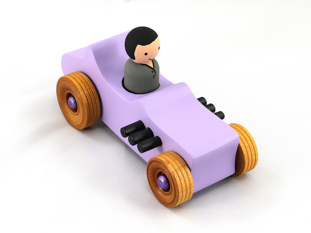 Handmade Wood Toy Car Hot Rod 1927 T-Bucket, Handmade and Panted with Purple and Metallic Purple Acrylic Paint and Amber Shellac With Peg Doll