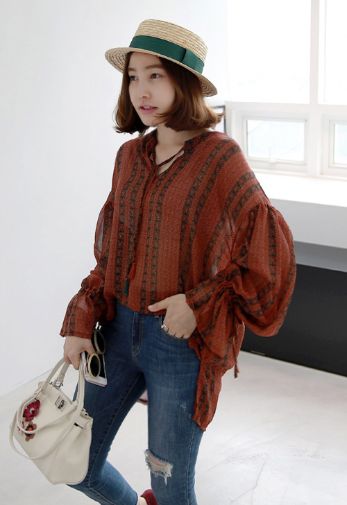  Sheer Patterned Peasant Blouse