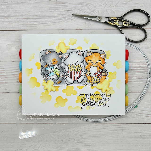 Crystal's friendship card features Newton's Movie Night, Oval Frames, and Popcorn by Newton's Nook Designs; #inkypaws, #newtonsnook, #friendshipcards, #friendcards, #catcards, #moviecards, #catcards, #cardmaking, #cardchallenge