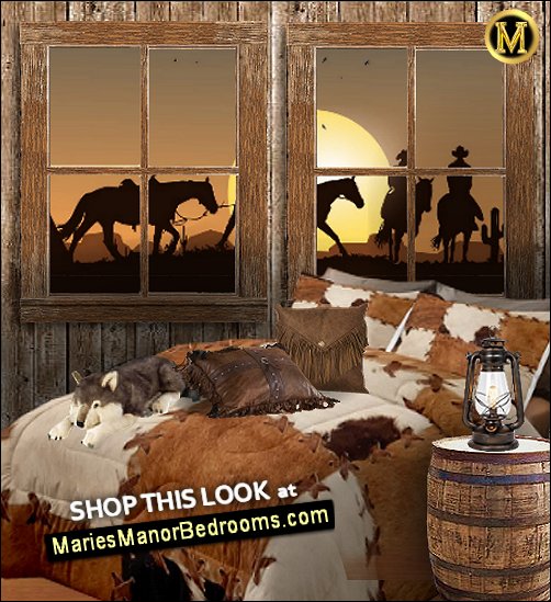 cowboy room Desert Cowboy Wallpaper Mural  Cowhide  bedding  Leather Fringe Pillows rustic lantern