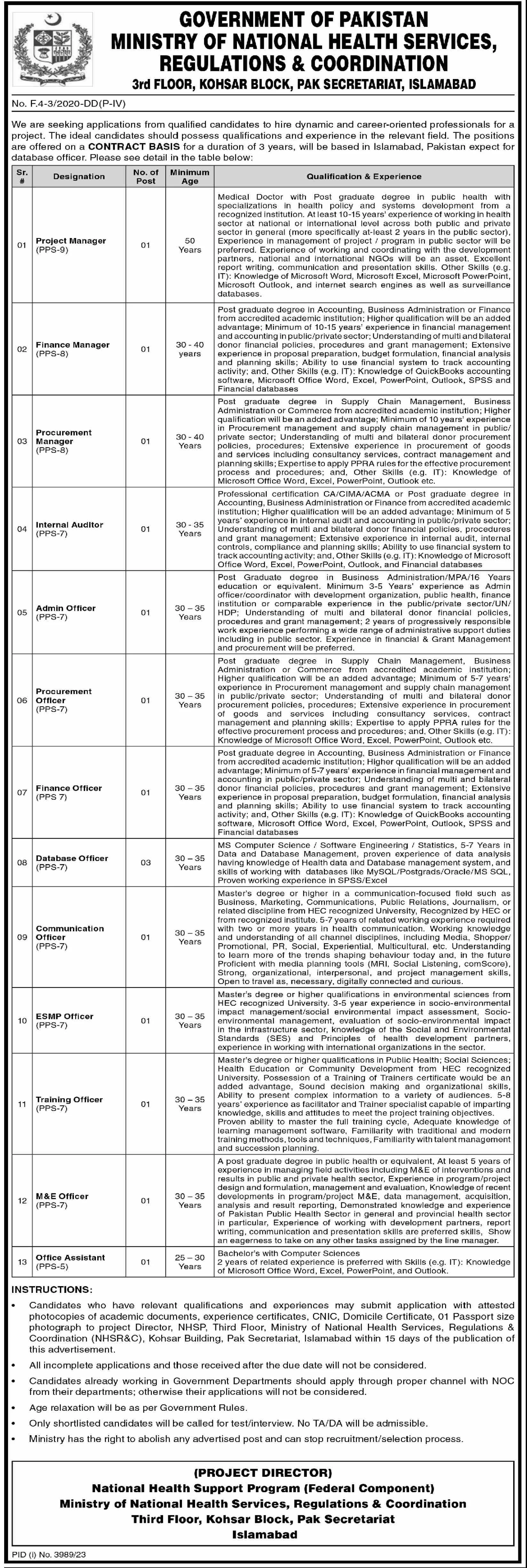 JOBS MINISTRY OF NATIONAL HEALTH SERVICES