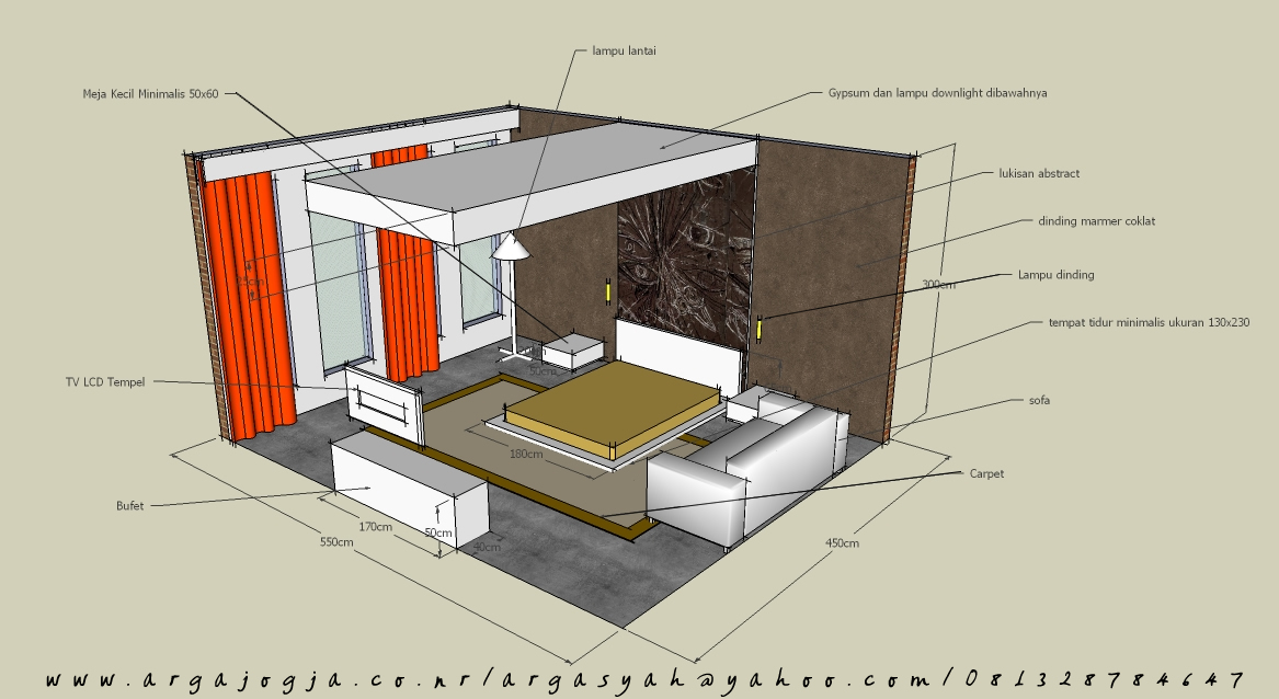 Desain Interior Kamar  Tidur Utama Pada Ruangan 5 5 x 4 5 m 