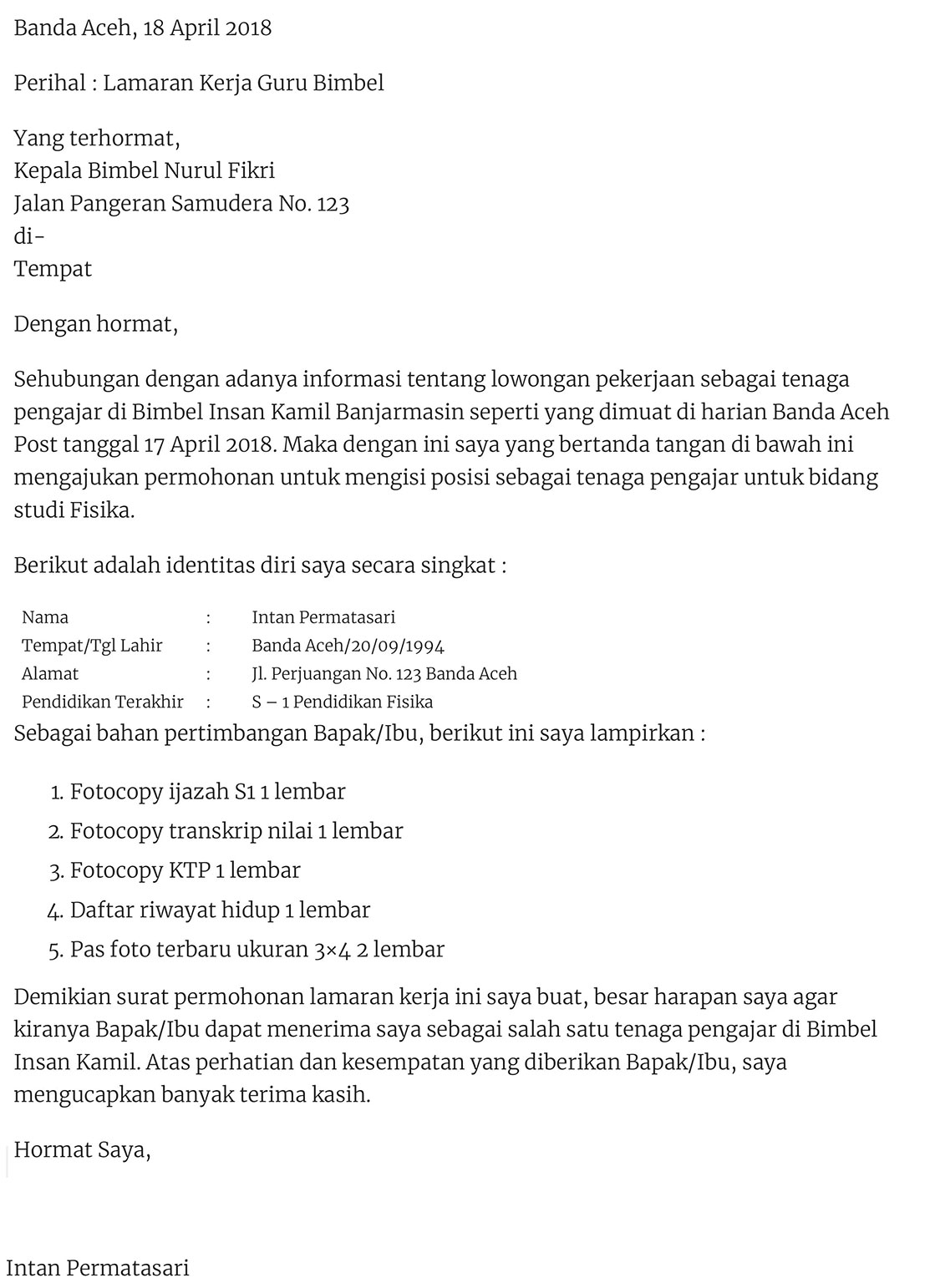 contoh surat lamaran kerja guru - blog lokerplk