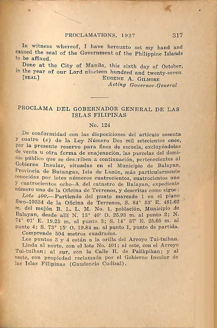 Proclamation No. 124 s. of 1927, Spanish version.