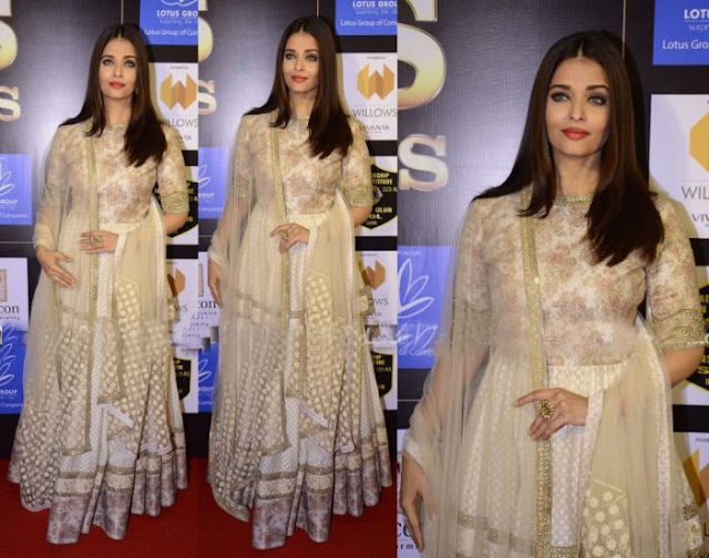 Aishwarya Rai Bachchan in Cream and Gold Embroidered Sabyasachi Anarkali Suit