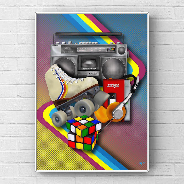 roller skates and 1980s music technology artwork