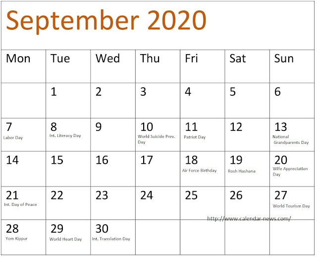 September 2020 Calendar With Holidays