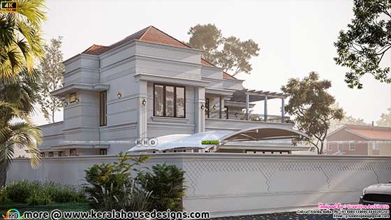 Left side view of the elegant Colonial house design displaying intricate details
