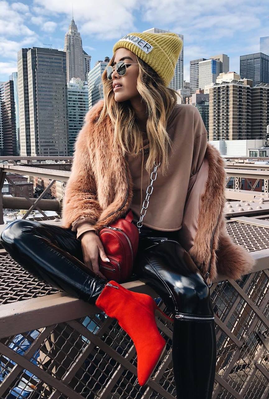 street style addict / hat + sweater + fur jacket + red bag + leather skinny + boots