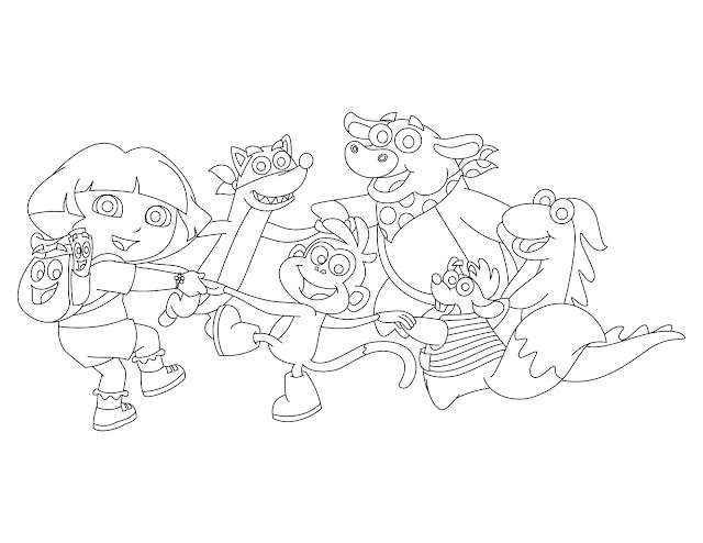 Coloring page of Dora the Explorer and friends