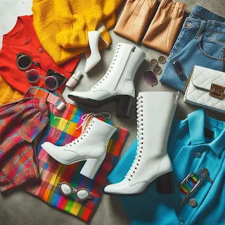 Contrastando com Cores Vibrantes: para um visual mais arrojado, você pode usar suas botas brancas com peças em cores vibrantes, como vermelho, azul elétrico ou amarelo.