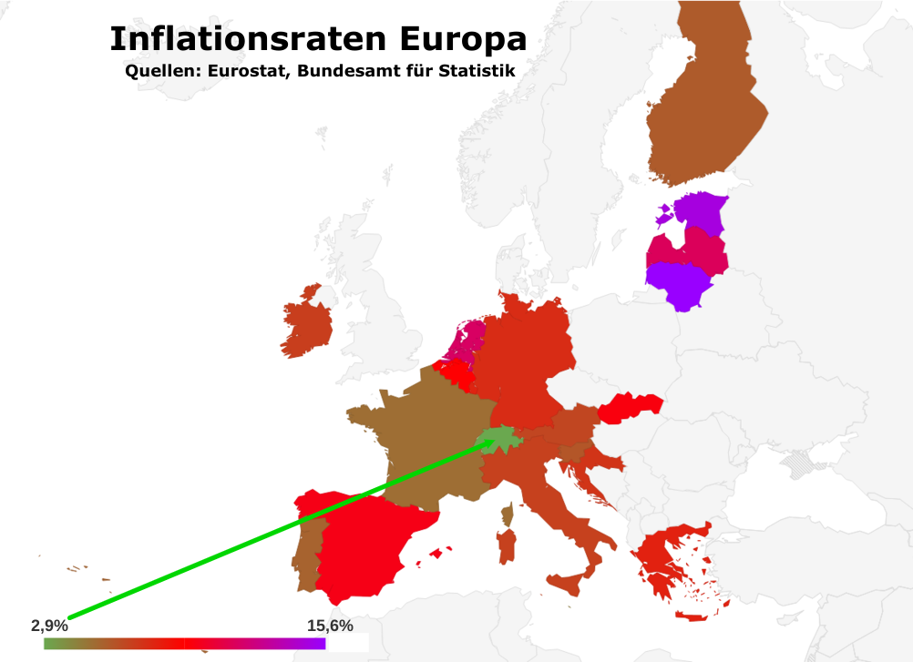 Länderkarte mit eingezeichneter Inflation Euroraum und Schweiz