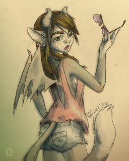 A drawing of a female anthropomorphic character - DemoniCat. She is wearing a loose pink shirt, short cutoff jeans, and has a long tail and two demon wings. Her brown hair is long, and she's holding a pair of aviator-style sunglasses in her hand.