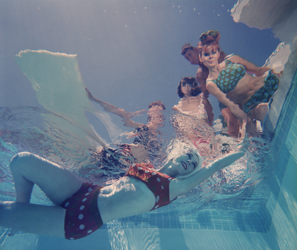 "Palm Springs Fashion no. 8" Lawrence Schiller (1964), point of view, underwater photography of women swimming
