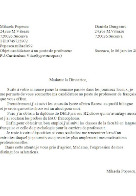 Proiect Bilingv 2009 2010: Lettre de motivation