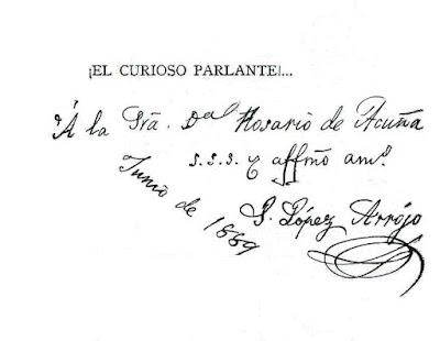 Dedicatoria que aparece en el libro El curiosos parlante que se conserva en la Biblioteca Jovellanos de Gijón