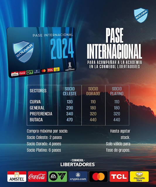 Club Bolivar: Pase Internacional  (Abono) Copa Libertadores 2024