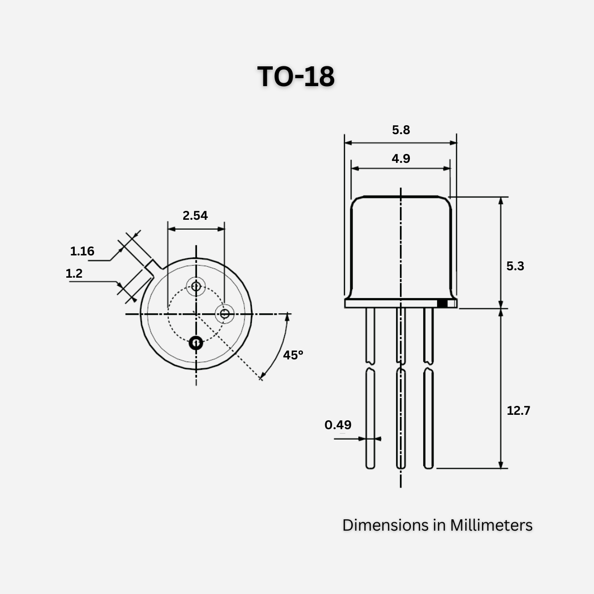 TO-18 package dimentions of 2N2222