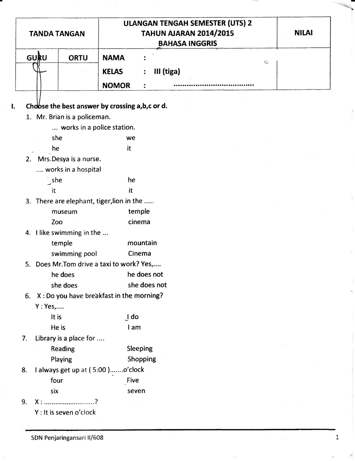 UTS Bahasa Inggris Kelas3 Semester Genap TA2014 2015