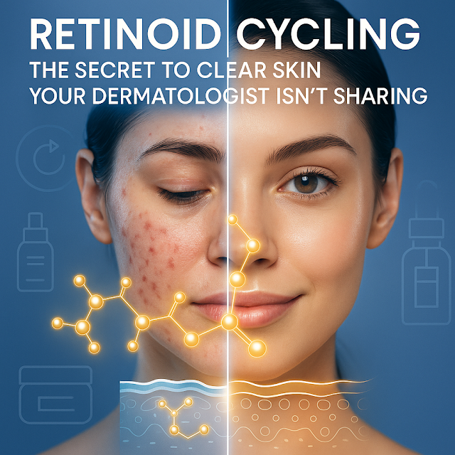 "Before-and-after skin transformation using retinoid cycling for hormonal acne treatment. Split image shows clear skin after implementing dermatologist-backed retinoid cycling method."
