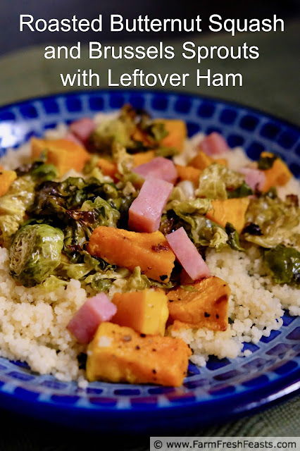 photo of a plate of roasted brussels sprouts with butternut squash and ham cubes on cous cous