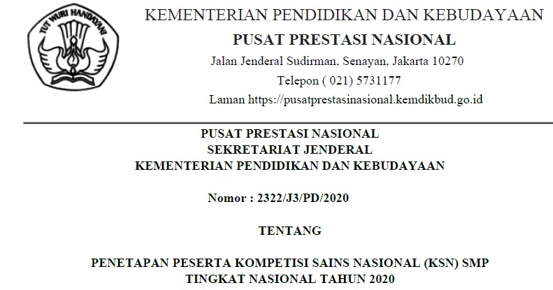 PESERTA KOMPETISI SAINS NASIONAL (KSN) SMP TINGKAT NASIONAL TAHUN 2020