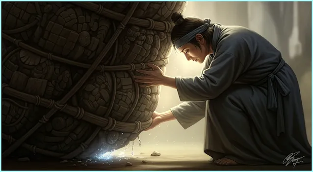 클로즈업 샷으로 포착된, 무거운 짐을 내려놓는 순간 얼굴에 평온함이 서리는 인물의 고전 회화풍 일러스트. 스토아 철학의 내려놓음이 포기가 아닌 현명한 선택과 용기임을 상징합니다.