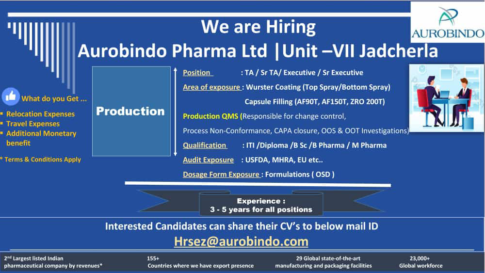 Job Available's for Aurobindo Pharma Ltd Job Vacancy for ITI/ Diploma/ BSc/ B Pharma/ M Pharma