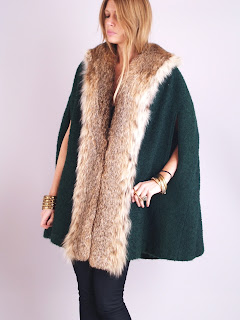 Vintage 1960's emerald green wool cape with brown lynx fur trim.