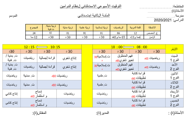 التوقيت الأسبوعي للسنة الثانية ابتدائي 2020-2021 word