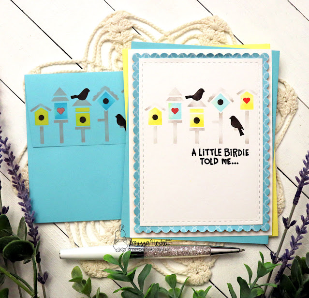 Birdhouse card & envelope by Larissa Heskett | Birdhouse Line Stencil, Spring Blooms Paper Pad, Birdhouse Greetings Stamp Set and Frames & Flags Die Set by Newton's Nook Designs