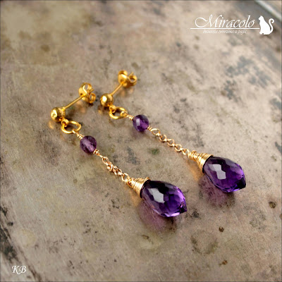 Miracolo, kwarc ametystowy, markiza, kolczyki z kroplą kwarcu, violet quartz dew drop briolette,  fioletowa markiza, violet faceted chandelier dew drops shape briolette