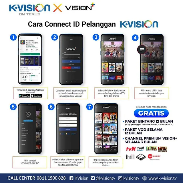 Cara Mendapatkan Gratis 1 Bulan, 3 Bulan, 12 Bulan Langganan K-Vision Premium Bagi Pelanggan Receiver Bromo, Cartenz, dan GOL Hanya Connect ke Vision+