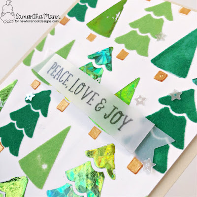 Peace, Love & Joy Card by Samantha Mann for Newton's Nook Designs, Christmas Card, Deco Foil, Flock, Stencil, Christmas Tree, Card Making, #newtonsnook #newtonsnookdesigns #christmascard #christmas #christmastree #foil #decofoil