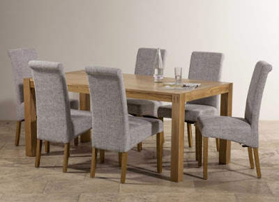 Wooden rectangle dining table with gray dining chairs