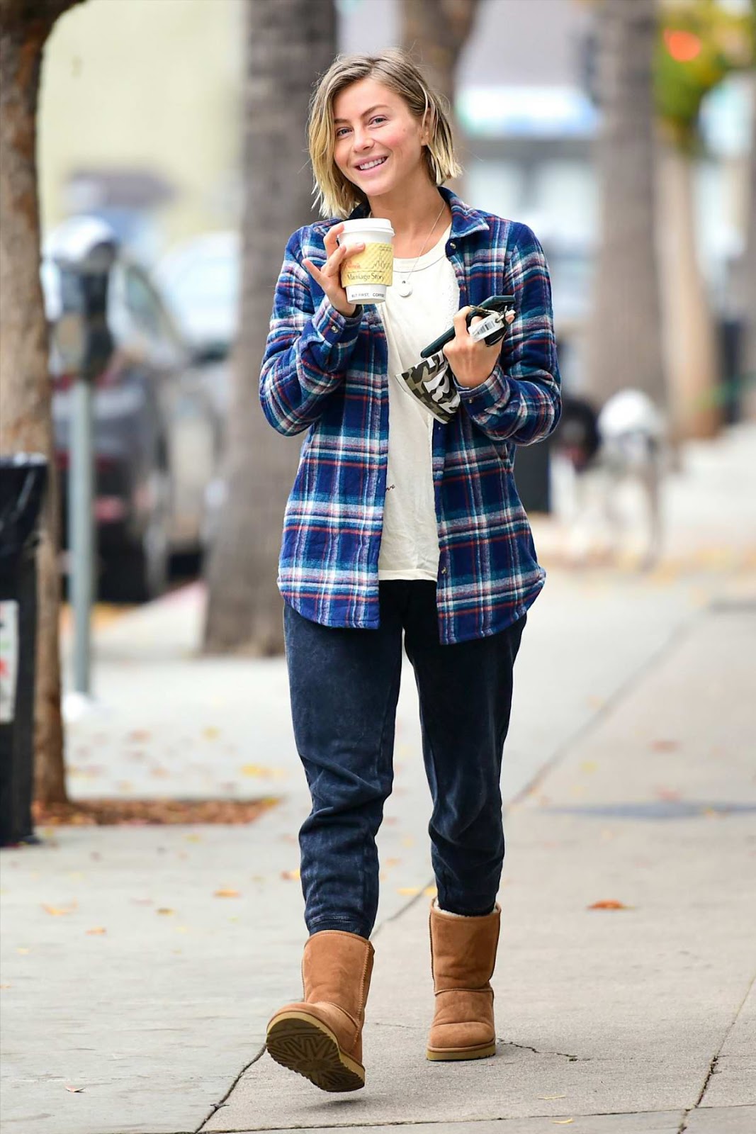 Julianne Hough in a flannel shirt, sweatpants and UGG boots in Studio City, California