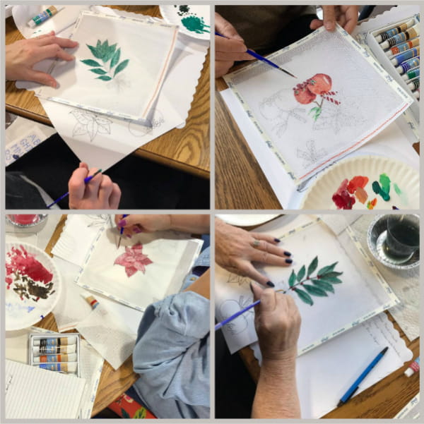 Nature inspired needlepoint canvases by workshop students