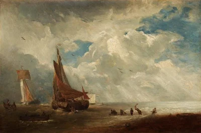 Storm and rain in a Dutch harbor painting Andreas Achenbach