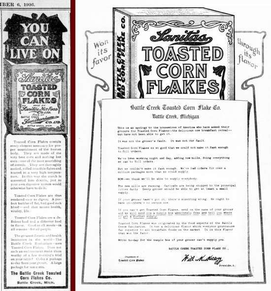 Sanitas Toasted Corn Flakes, advertising Sept. 6, 1906