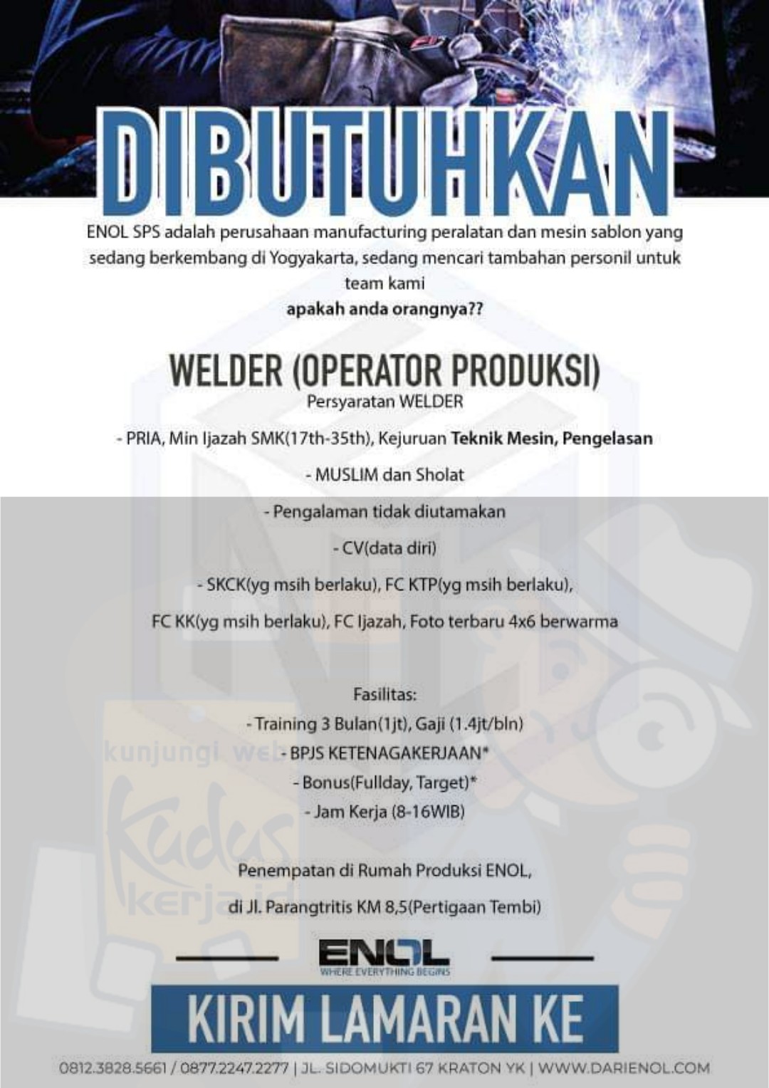 Lowongan Kerja Yogyakarta Lowongan Kerja Yogyakarta Loker Yogyakarta ENOL SPS adalah perusahaan manufacturing peralatan dan mesin sablonyang sedang berkembang di yogyakarta sedang membutuhkan seorang CO-Driver lowongan kerja selengkapnya dapat lihat pada gambar dibawah ini