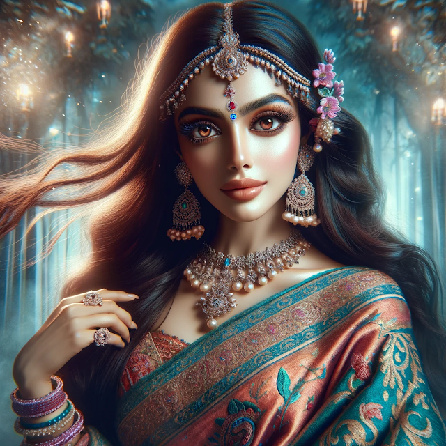 A radiant beauty with dazzling brown eyes and very long eyelashes, boasting long and dark hair. She is draped in an elegant saree featuring intricate