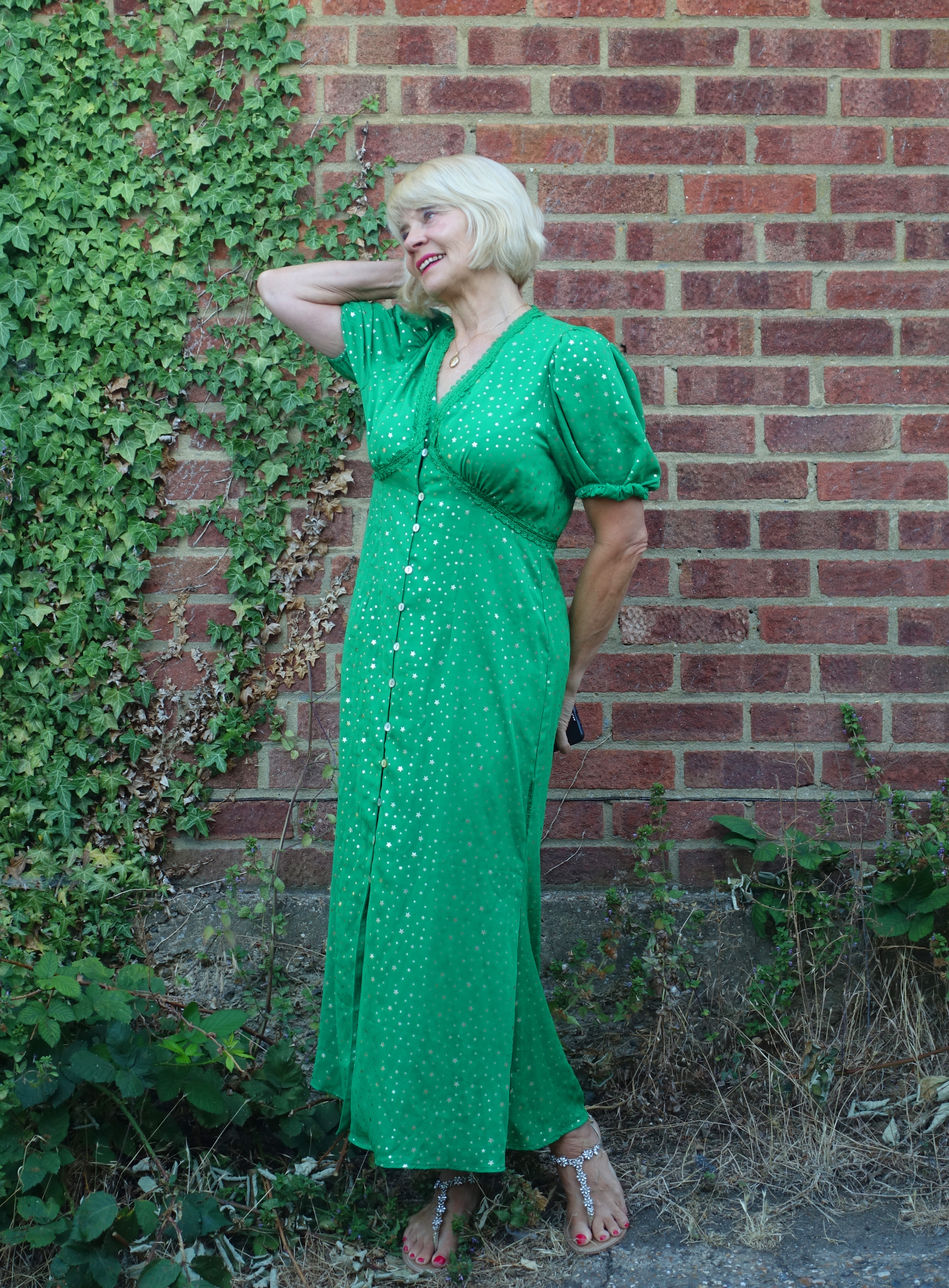 Five different interpretations of the challenge Maxi Madness with Is This Mutton going for a silky green dress with gold stars.