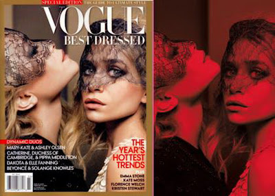 Posed Mary Kate and Ashley Olsen on the front page of the Vogue magazine's annual Best Dressed issue