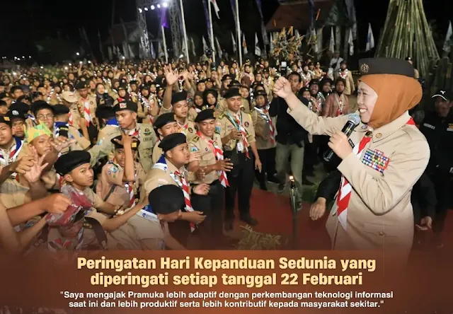 Peringatan Hari Kepanduan Sedunia, Gubernur Khofifah Ajak Pramuka Lebih Produktif dan Kontributif