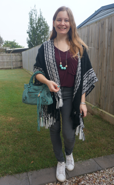 burgundy tee and turquoise accessories with black and white knit and grey jeans and sneakers | awayfromtheblue