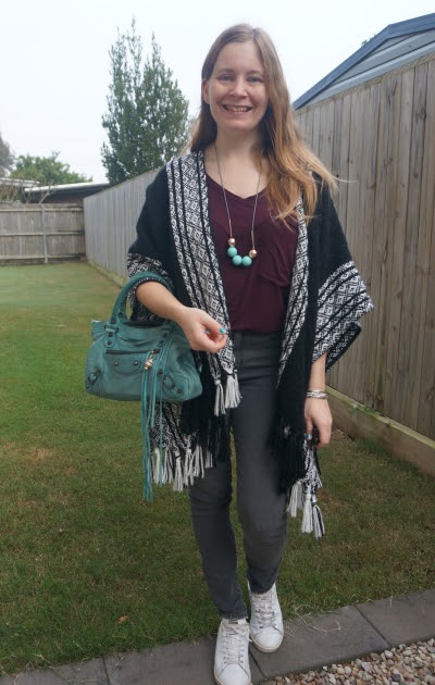 Away From Blue  Aussie Mum Style, Away From The Blue Jeans Rut: Black,  Burgundy and Grey Jeans Outfits With Turquoise Bag