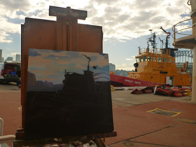 Plein air oil painting of the emergency response tug Shirley Smith at Moores Wharf, Sydney Harbour painted by marine artist Jane Bennett