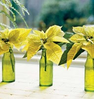 cream green poinsettias  green bottles Christmas table